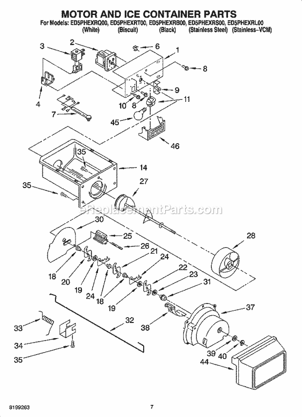 Whirlpool ED5PHEXRS00 Side-By-Side Refrigerator Motor and Ice Container Parts Diagram