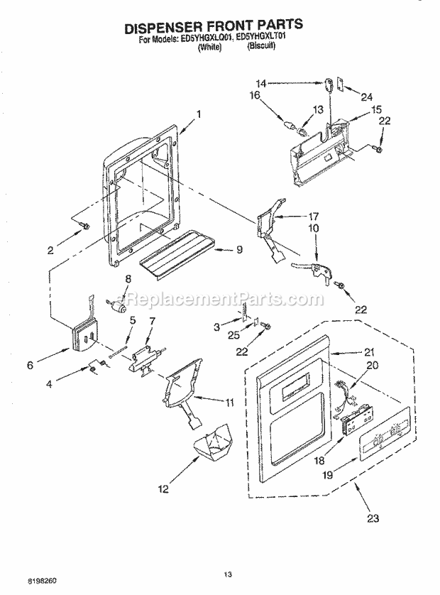 Whirlpool ED5YHGXLT01 Side-By-Side Refrigerator Dispenser Front Diagram