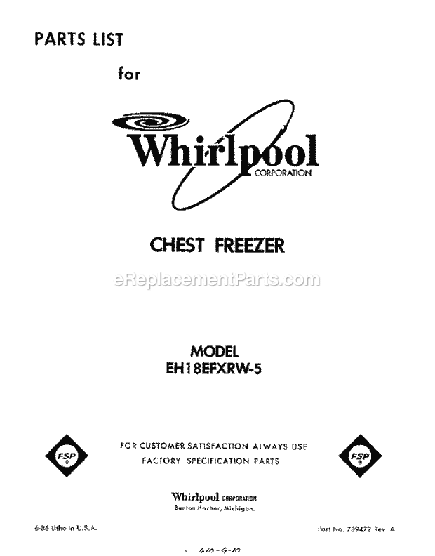 Whirlpool EH18EFXRW5 Chest Freezer Page D Diagram