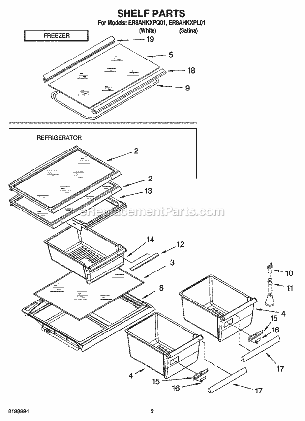 Whirlpool ER8AHKXPQ01 Top Freezer Top-Mount Refrigerator Shelf Parts, Optional Parts Diagram