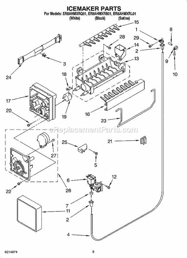 Whirlpool ER8AHMXRL01 Top Freezer Top-Mount Refrigerator Icemaker Parts Diagram