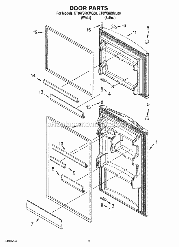 Whirlpool ET0WSRXML00 Top Freezer Top-Mount Refrigerator Door Parts Diagram