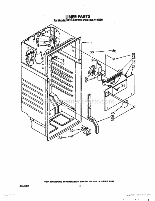 Whirlpool ET12LKXXW00 Top Freezer Refrigerator Liner Diagram