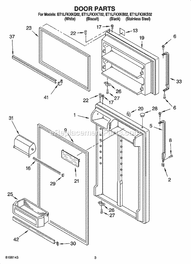 Whirlpool ET1LFKXKQ02 Top Freezer Top-Mount Refrigerator Door Parts Diagram