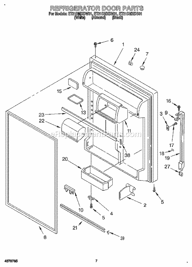 Whirlpool ET21DMXDB01 Top Freezer Refrigerator Refrigerator Door Diagram