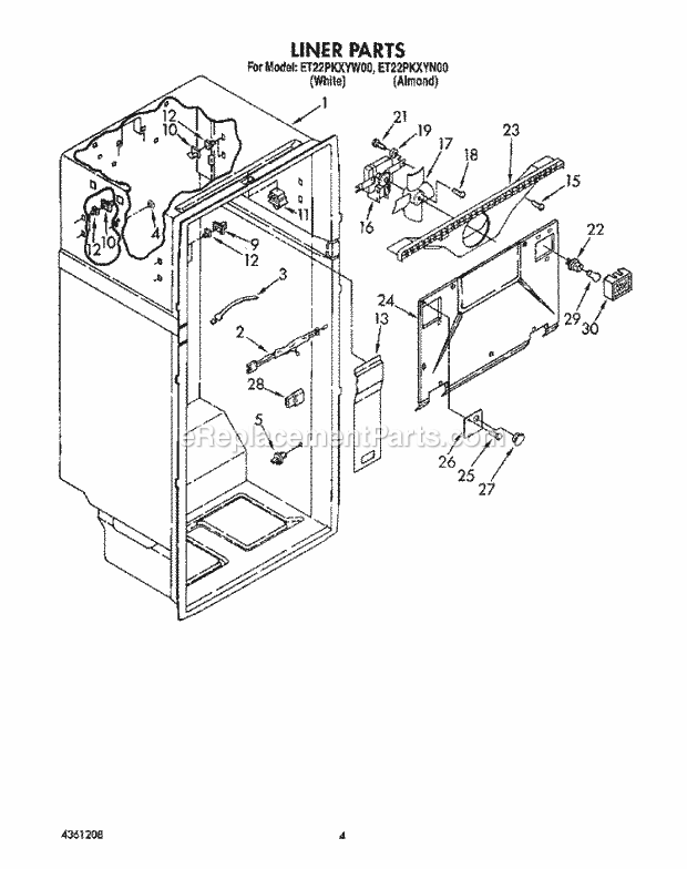 Whirlpool ET22PKXYW00 Top Freezer Refrigerator Liner Diagram