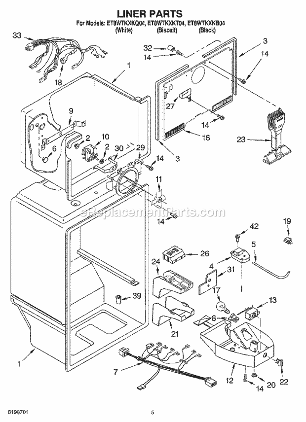 Whirlpool ET8WTKXKB04 Top Freezer Top-Mount Refrigerator Liner Parts Diagram