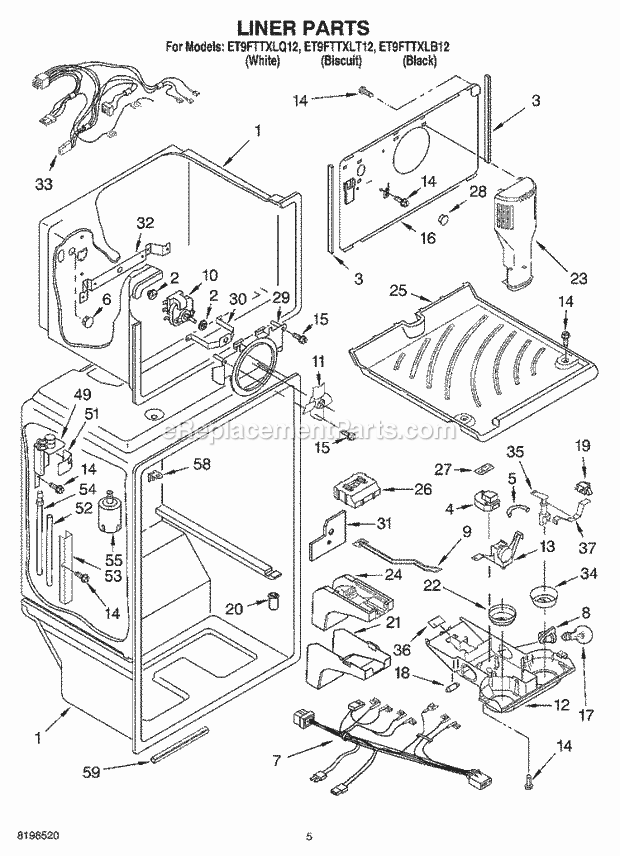 Whirlpool ET9FTTXLB12 Top Freezer Top-Mount Refrigerator Liner Parts Diagram