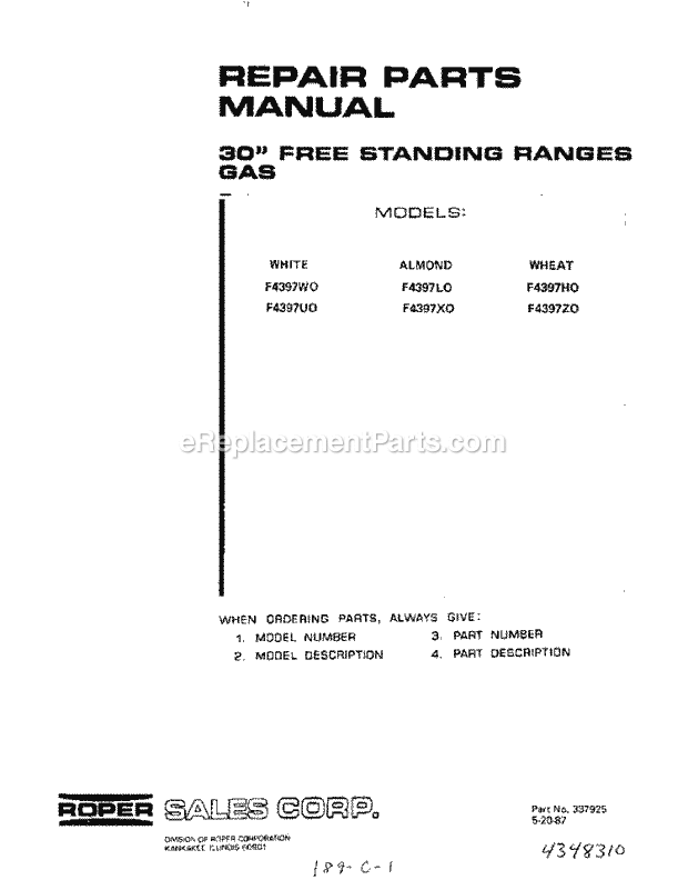 Whirlpool F4397^0 Range Page F Diagram