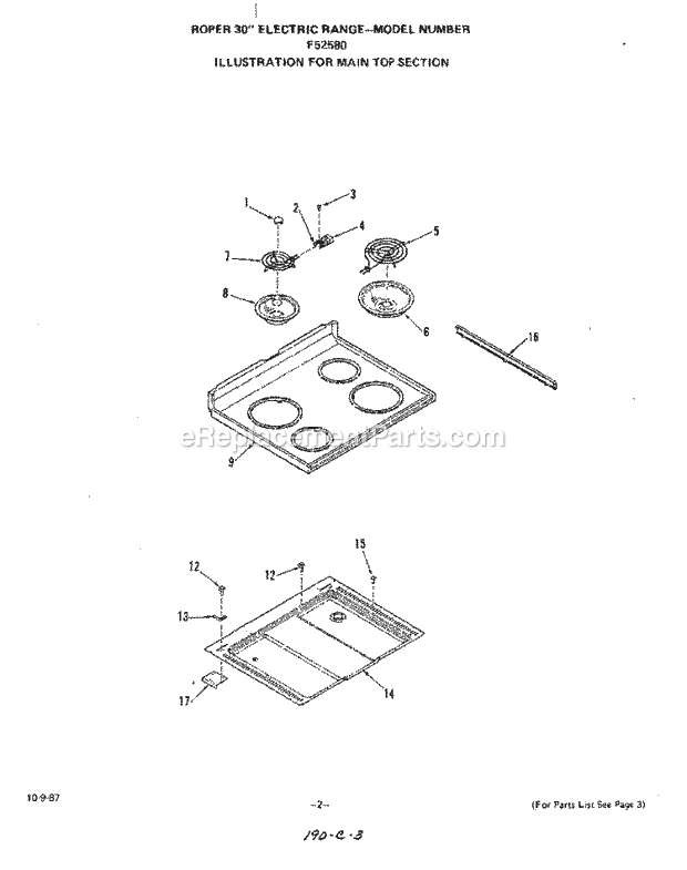 Whirlpool F5258L0 Range Main Top Diagram