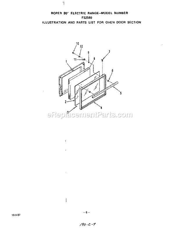 Whirlpool F5258L0 Range Oven Door Diagram