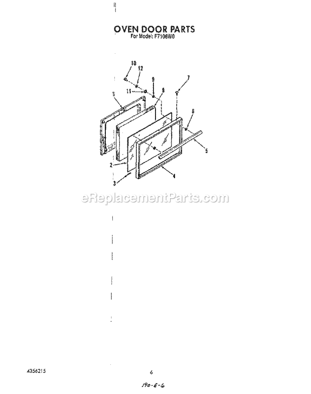 Whirlpool F7108L0 Range Oven Door Diagram