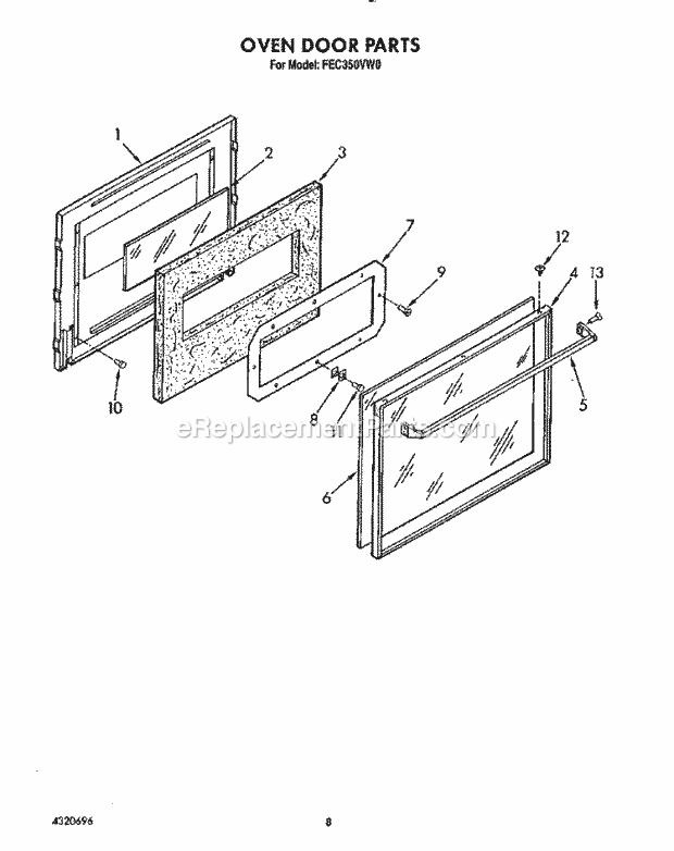 Whirlpool FEC350VL0 Range Oven Door Diagram