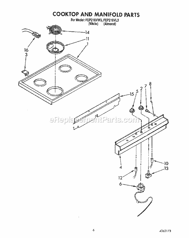 Whirlpool FEP210VL3 Range Cooktop and Manifold Diagram