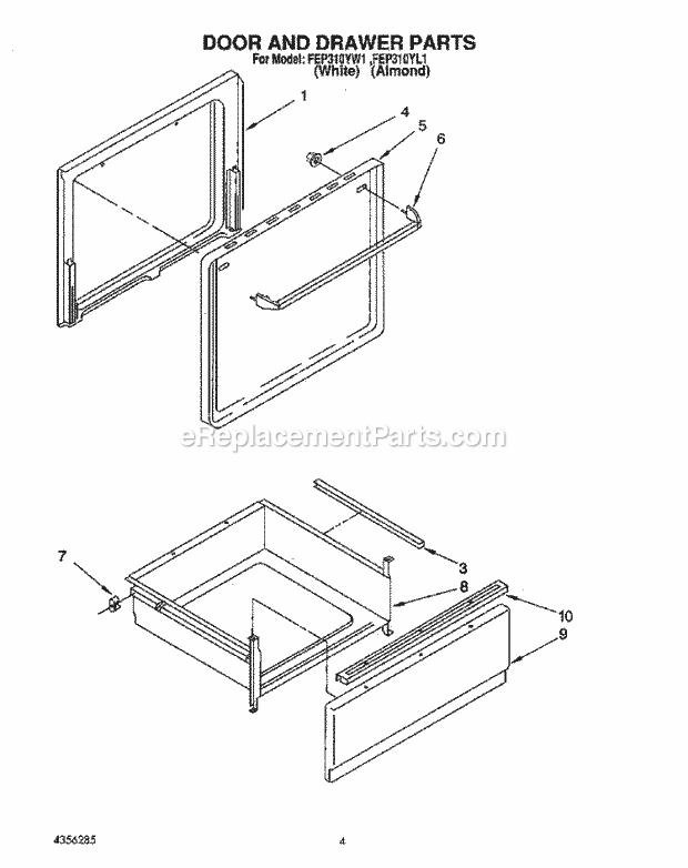 Whirlpool FEP310YL1 Range Door and Drawer Diagram