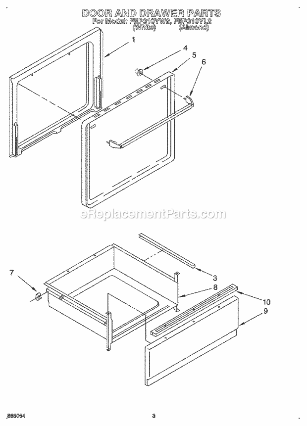 Whirlpool FEP310YL2 Range Door and Drawer Diagram