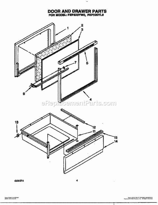 Whirlpool FEP320YL0 Range Door and Drawer Diagram