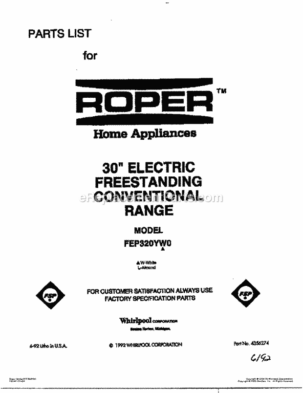 Whirlpool FEP320YL0 Range Page G Diagram