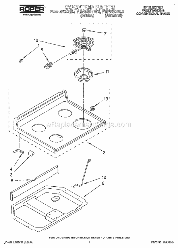 Whirlpool FEP320YL2 Range Cooktop, Literature Diagram