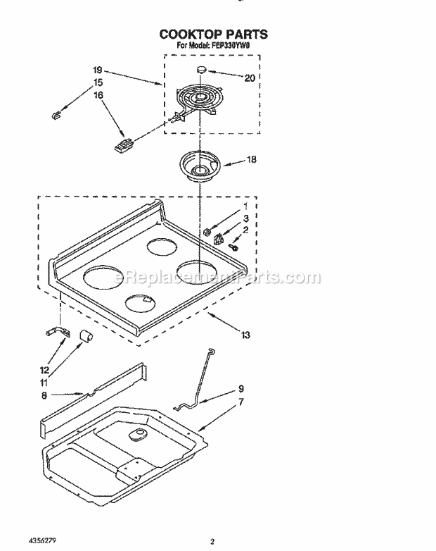 Whirlpool FEP330YL0 Range Cooktop Diagram