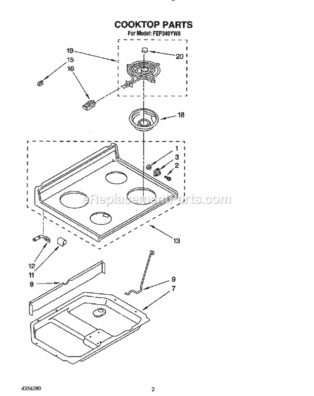 Whirlpool FEP340YL0 Range Cooktop Diagram