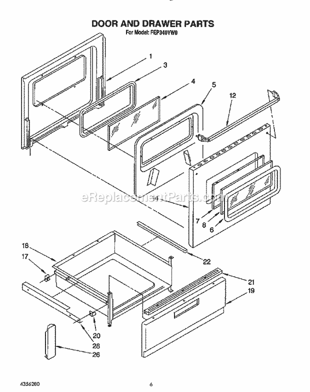 Whirlpool FEP340YL0 Range Door and Drawer Diagram