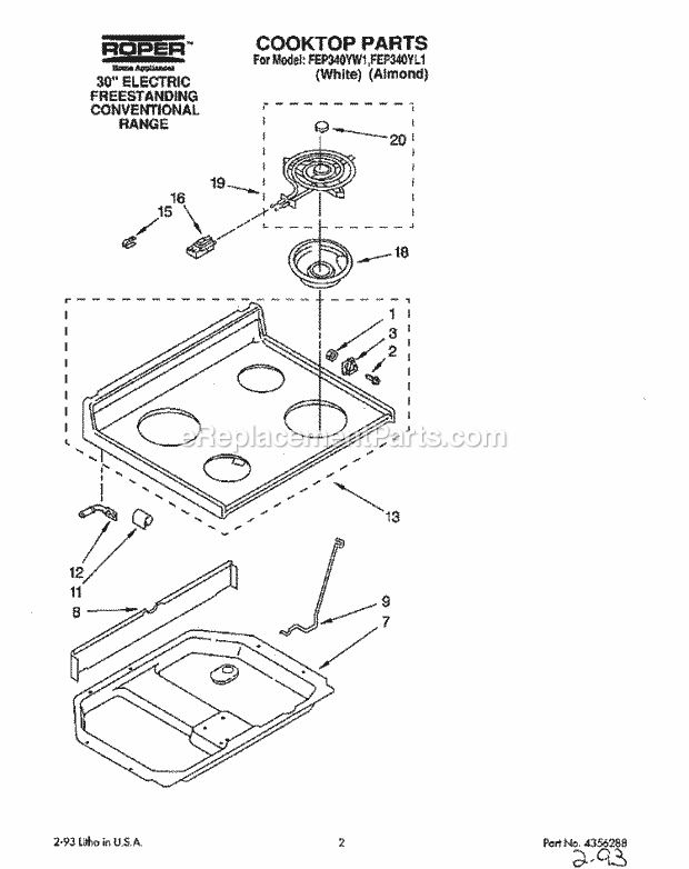 Whirlpool FEP340YL1 Range Cooktop Diagram