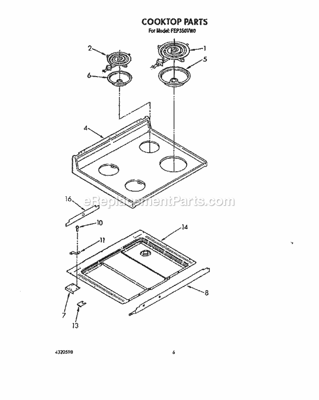 Whirlpool FEP350VL0 Range Cooktop Diagram