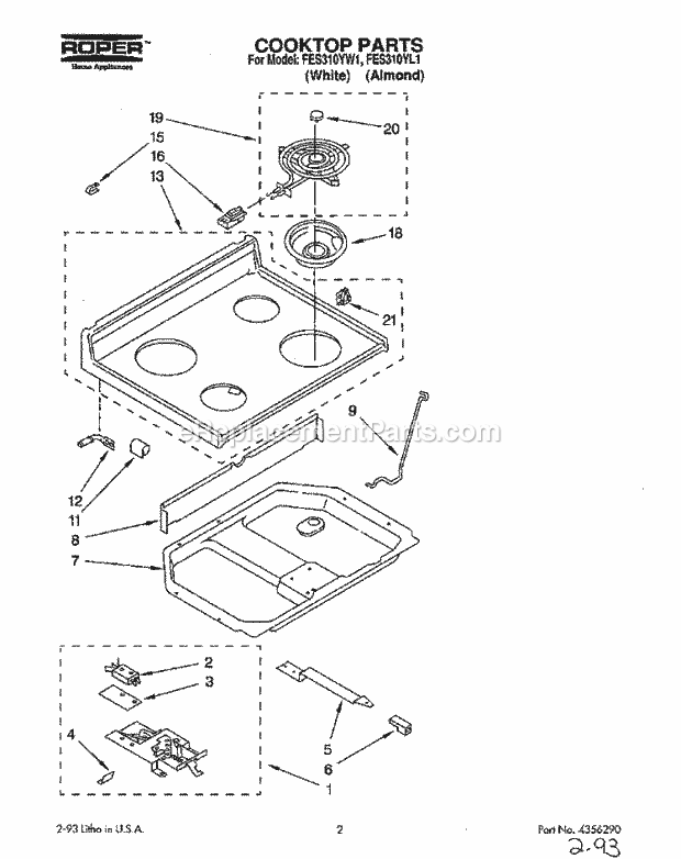 Whirlpool FES310YL1 Range Cooktop Diagram