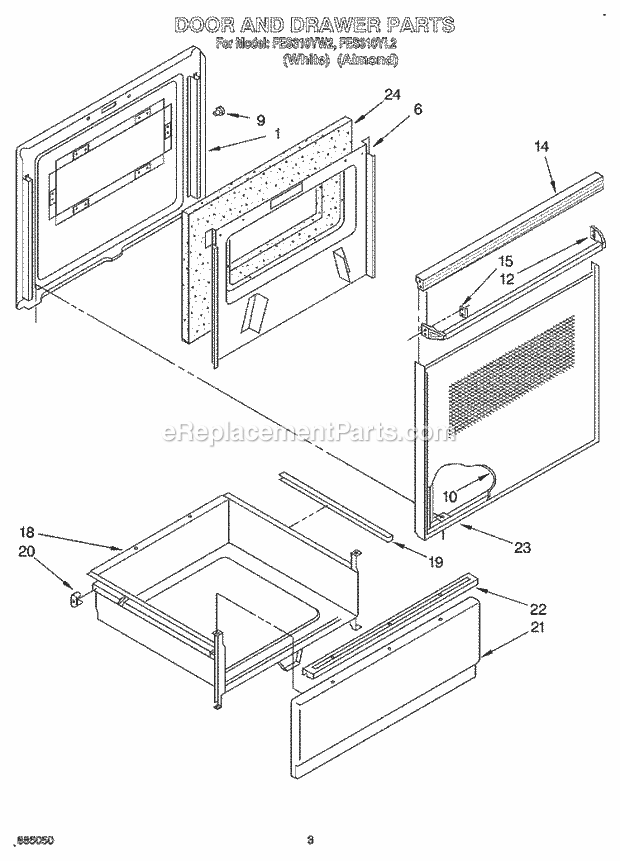 Whirlpool FES310YL2 Range Door and Drawer Diagram