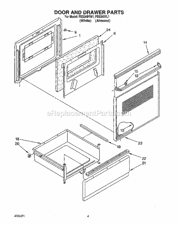 Whirlpool FES340YL1 Range Door and Drawer Diagram