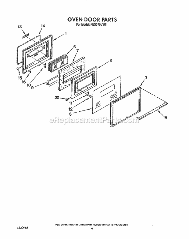 Whirlpool FES370VX0 Range Oven Door Diagram