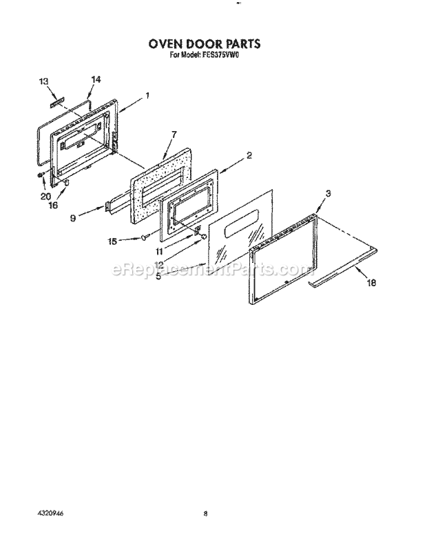 Whirlpool FES375VL0 Range Oven Door Diagram