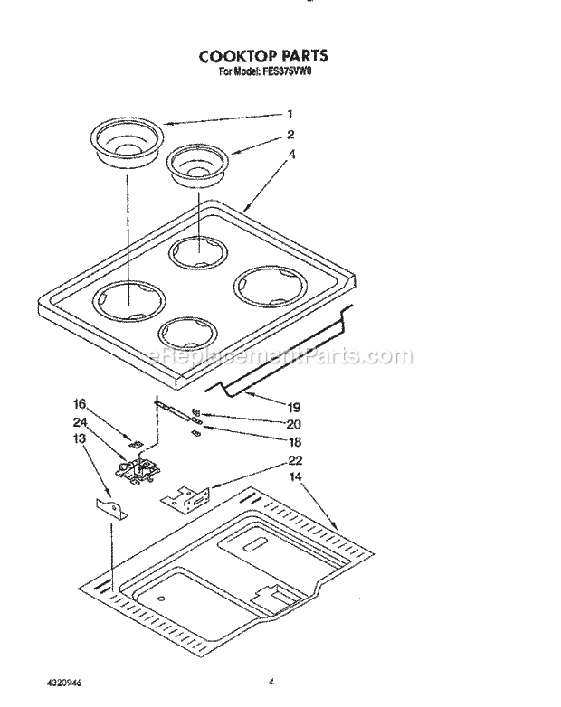 Whirlpool FES375VX0 Range Cooktop Diagram