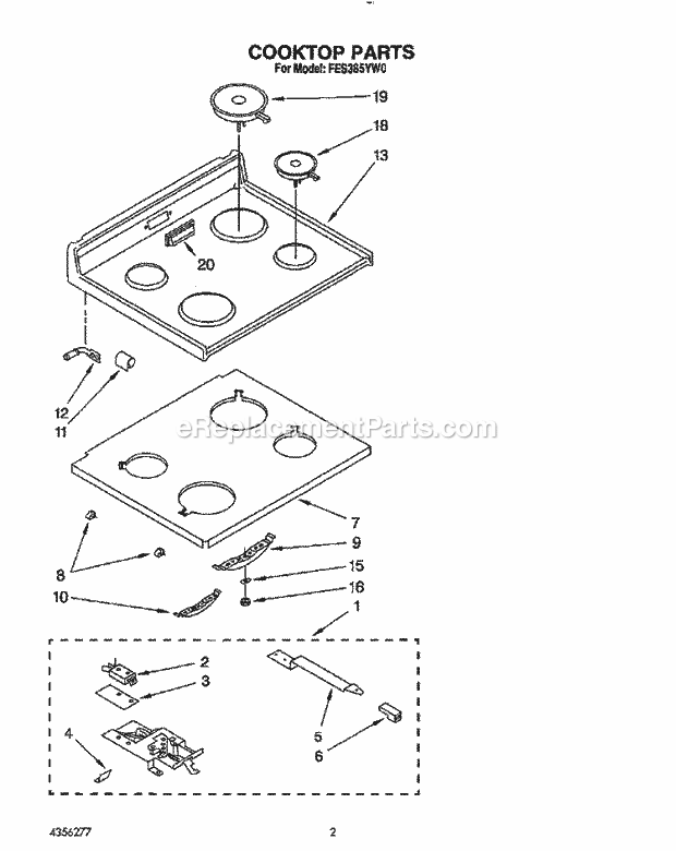 Whirlpool FES385YL0 Range Cooktop Diagram