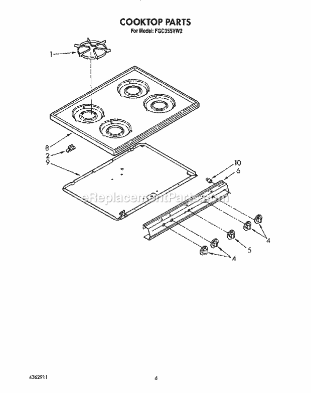 Whirlpool FGC355VL2 Range Cooktop Diagram