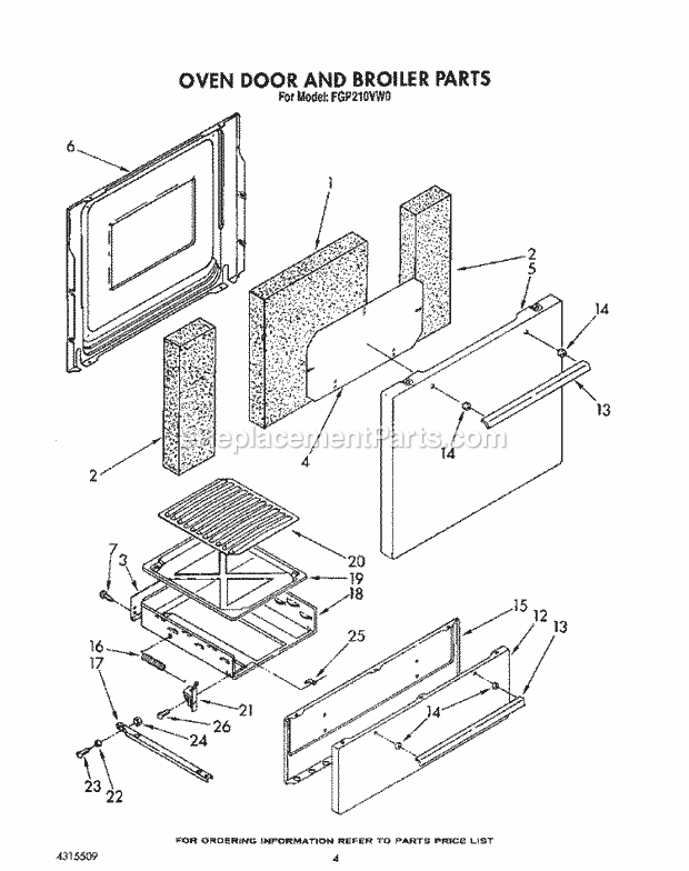 Whirlpool FGP210VL0 Range Oven Door and Broiler Diagram