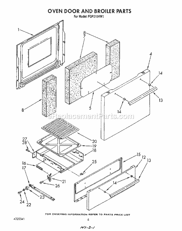 Whirlpool FGP215VL1 Range Oven Door and Broiler Diagram