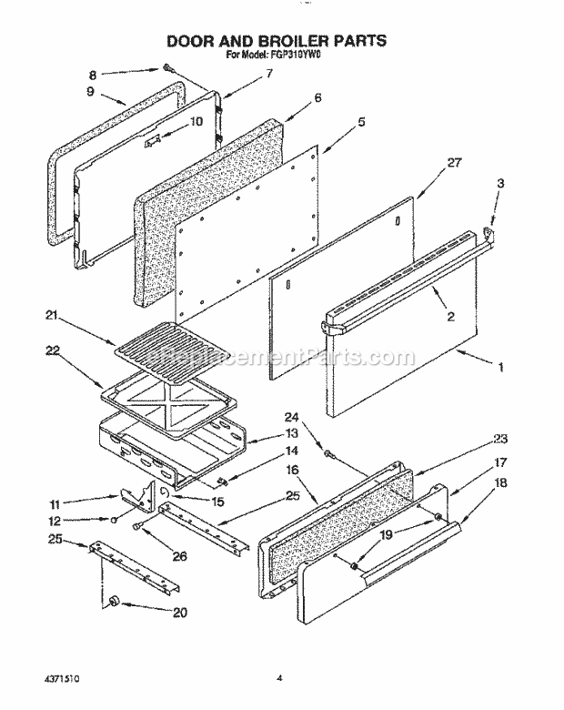 Whirlpool FGP310YL0 Range Door and Broiler Diagram