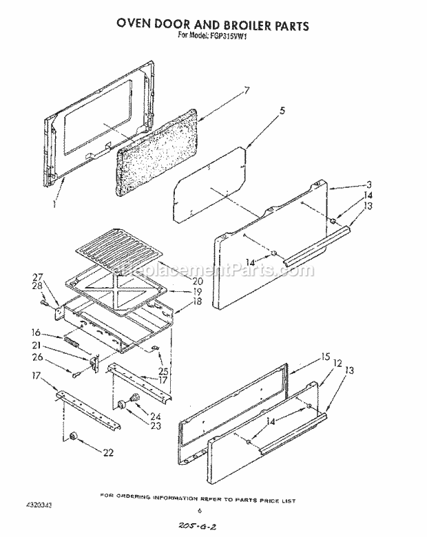 Whirlpool FGP315VL1 Range Oven Door and Broiler Diagram