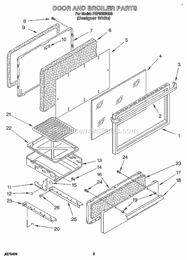 Whirlpool FGP335BQ0 Range Door and Broiler Diagram