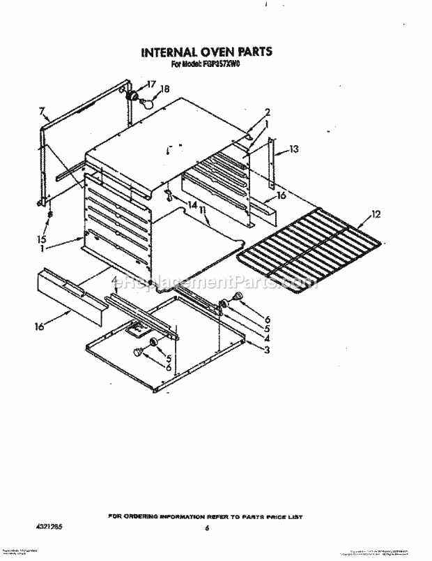 Whirlpool FGP357XL0 Rangeparts Internal Oven Diagram