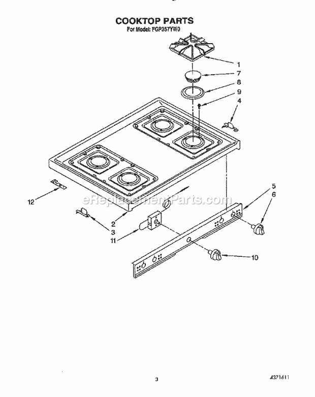 Whirlpool FGP357YL0 Range Cooktop Diagram