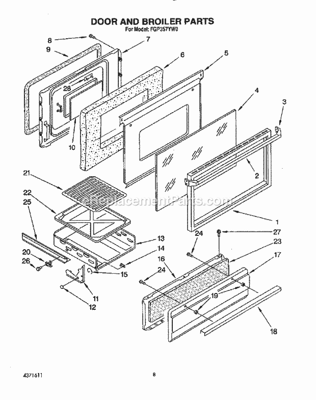 Whirlpool FGP357YL0 Range Door and Broiler Diagram