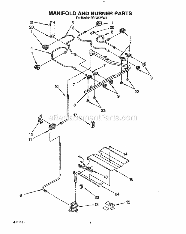 Whirlpool FGP357YL0 Range Manifold and Burner Diagram