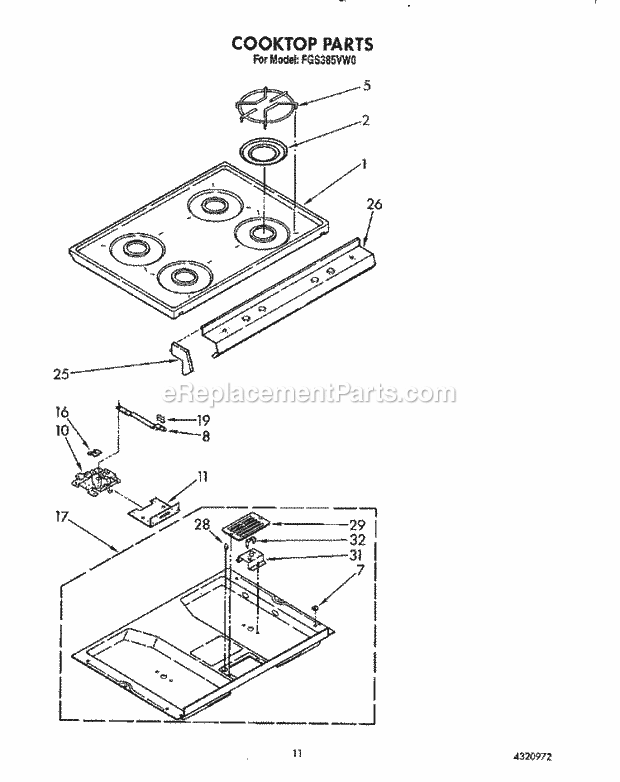 Whirlpool FGS385VL0 Range Cooktop Diagram