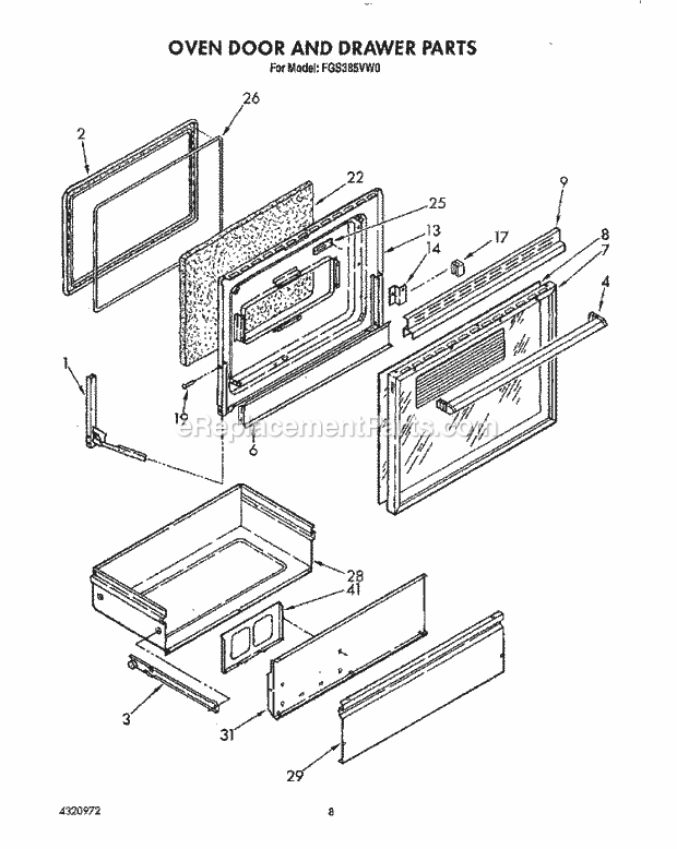 Whirlpool FGS385VL0 Range Oven Door and Drawer Diagram