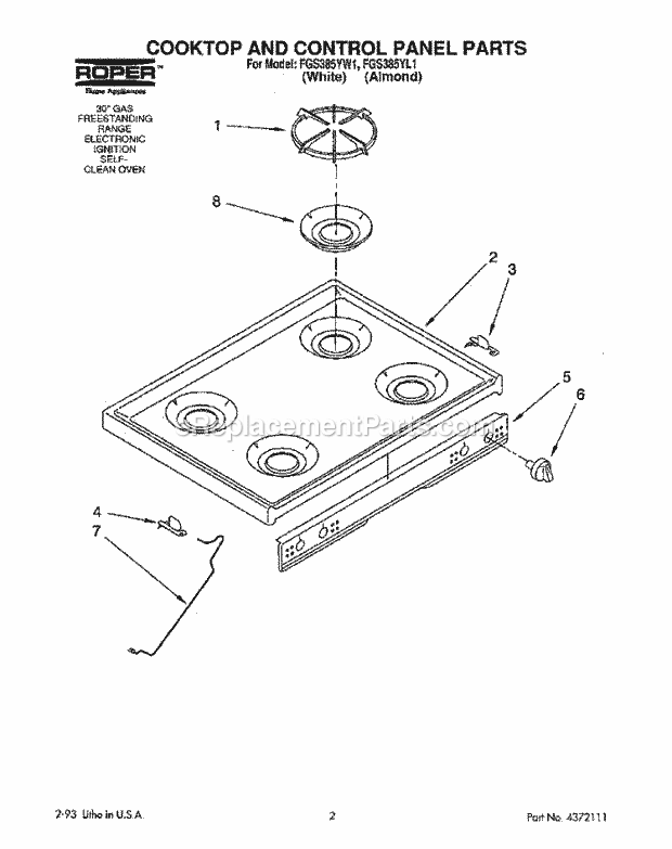 Whirlpool FGS385YL1 Range Cooktop and Control Panel Diagram