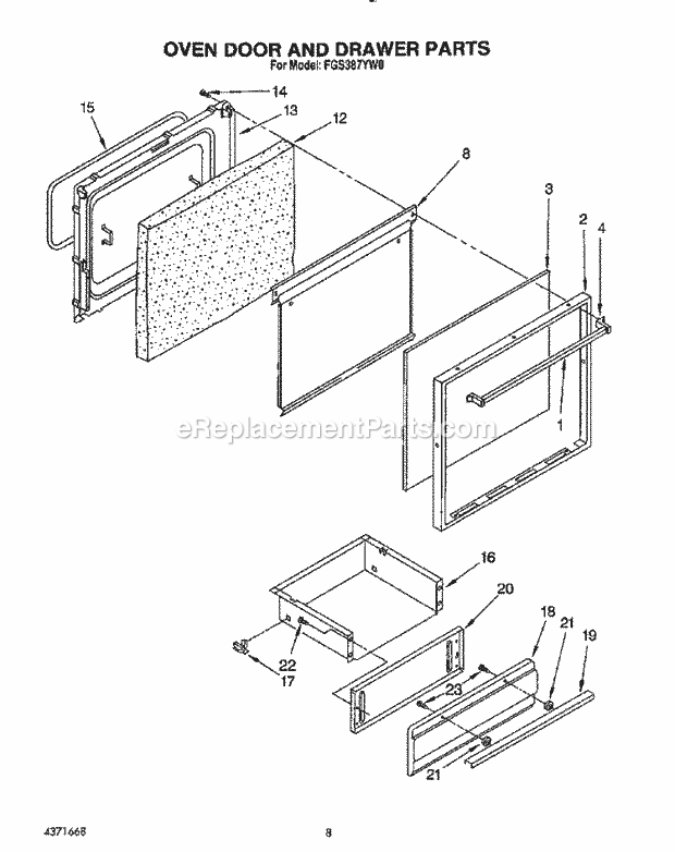 Whirlpool FGS387YL0 Range Oven Door and Drawer Diagram