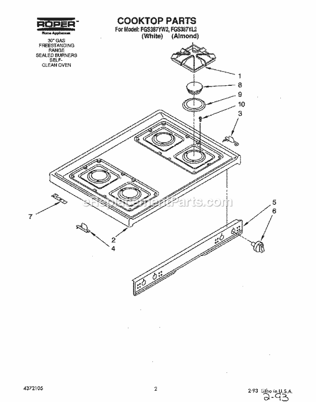 Whirlpool FGS387YL2 Range Cooktop and Control Panel Diagram